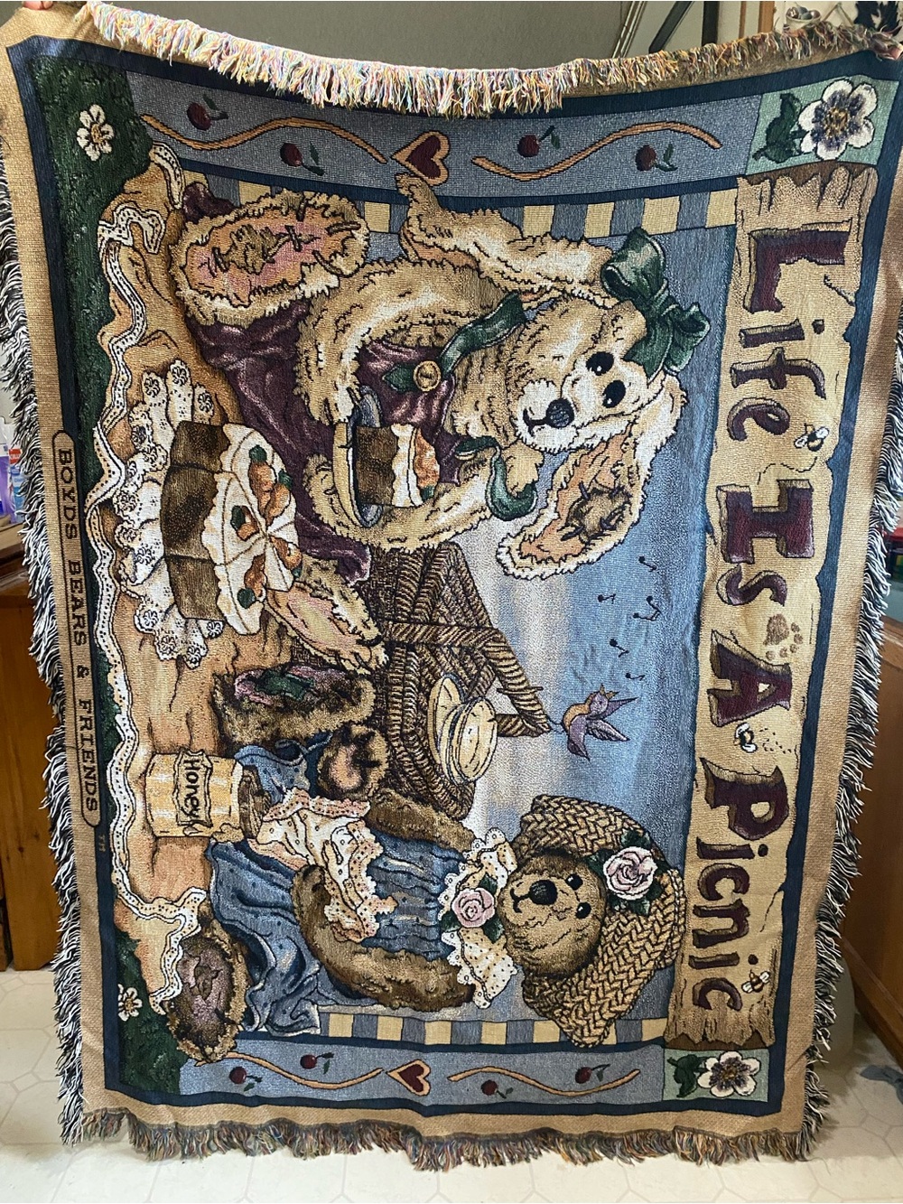 Boyds Bears Picnic Tapestry Throw - Blue, Brown, Cream, Green